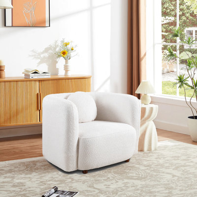 Fauteuil carré d'appoint, tissu bouclé, style, 1 place pour salon, blanc et beige, structure en bois massif, rembourrage en mousse. Canapé Cloud une place rembourré, espace principal, couleur, bois d'eucalyptus, confortable.