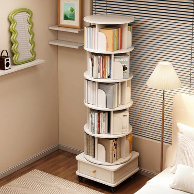 360 Rotating 6 Tier Bookshelf With Wheels, Drawer, And Stable Base, Space, Warm White For Home, Office, Bedroom - Design Display Spinning Baffle, Bedroom, Living Room, Study Large Storage Capacity