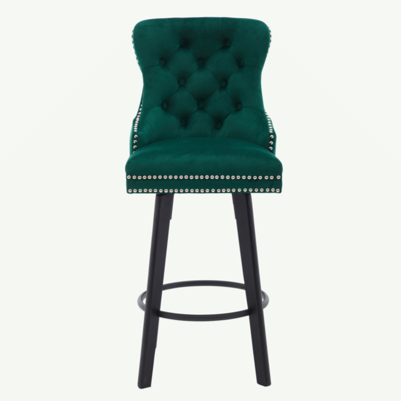 Modern  Swivel Bar Stools Velvet Barstools Button Tufted Bar Stools Rivet Trim Bar Stools for Kitchen Island,Bistro, with Metal Pull Ring Sturdy Footrest Large Backrest for Home Bar