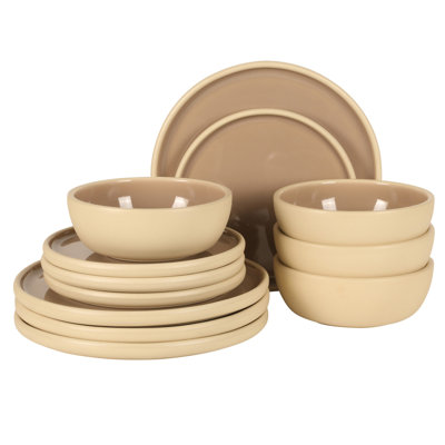 Gibson Elite - Made in Portugal - Port Gaia 12 Piece (Service for 4) Plates and Bowls Reactive Glaze Dishes Stoneware Ceramic Dinnerware Set - Beige