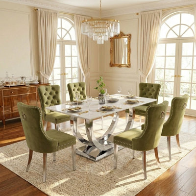 Ensemble de table de salle à manger rectangulaire 69 "pour 6 personnes, ensemble de 6 tables en faux marbre avec 6 chaises rembourrées en velours, pour la salle à manger, la cuisine