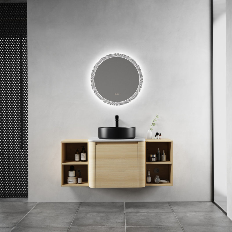 54-Inch Wall-Mounted Bathroom Vanity with Ceramic Art Sink, 2-Storage Shelves, and Soft-Close Doors, Space-Saving and Stylish