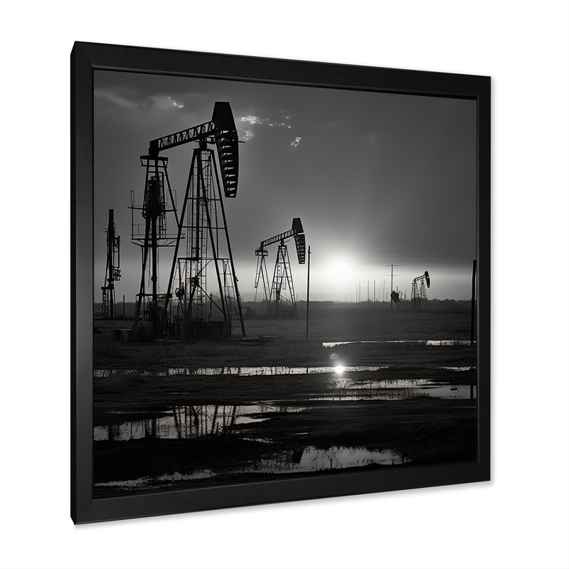 «Oill Drilling Rigs Field Winter Scenery II», reproduction sur toile, Cadre simple noir, H 16 po x l 16 po x P 1 po