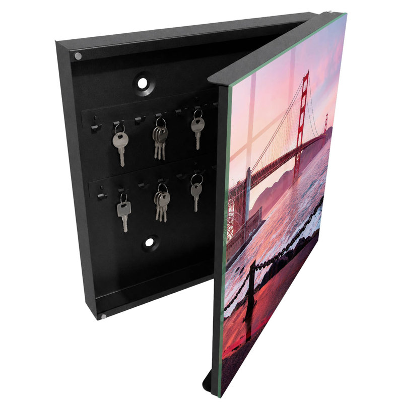 Wall mounted key box, Opens to the right, 30x30x5, Black, A bridge over the water in pink colors, 