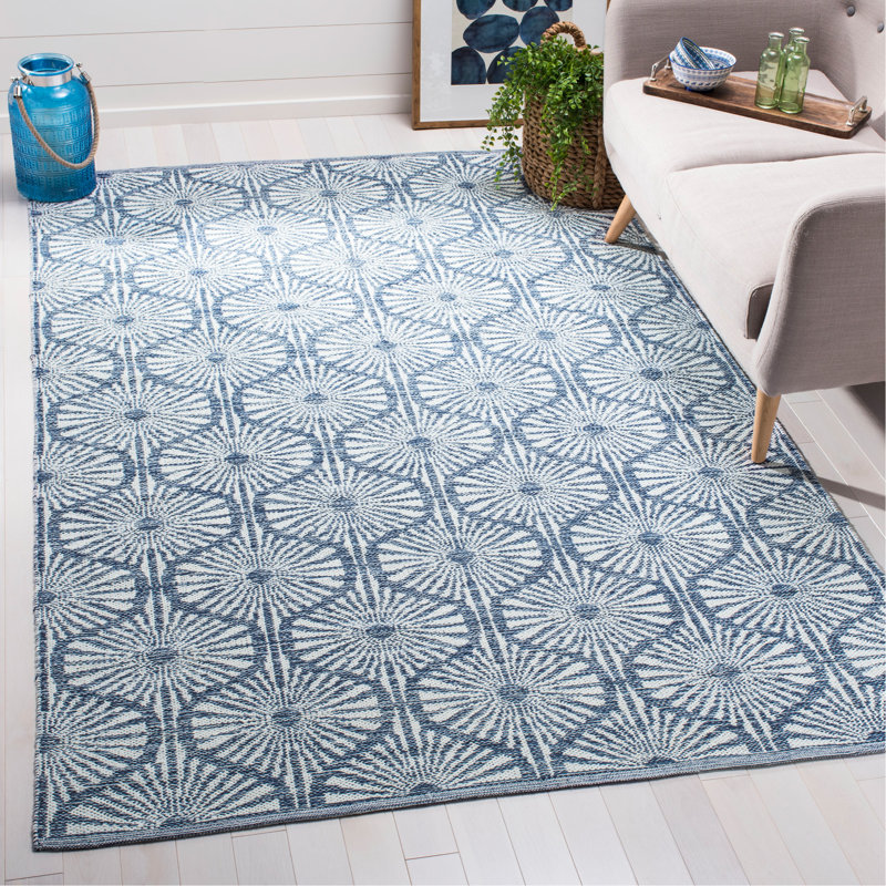 Tapis bleu marine / ivoire à motif géométrique tissé à plat à la main Oak Hill, Rectangle 5 pi x 8 pi