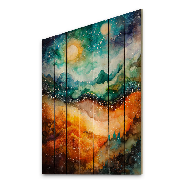 Céleste paysage abstrait de montagne II - Art mural moderne en bois sur bois de pin naturel, H 40 po x l 30 po x P 0,78 po