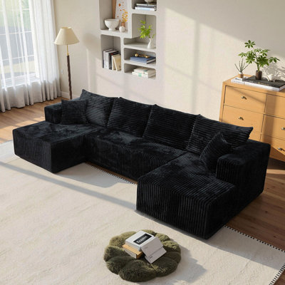 U-Shaped Modular Compression Sofa Modernminimalist Corduroy Design No Assemblyrequired Comfortable For Living Rooms Andbedrooms-Black