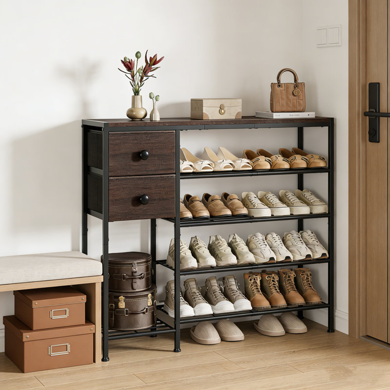 5-Tier Rustic Shoe Rack With 2 Fabric Drawers, Metal Frame And Wooden Shelves, Boot Storage Organizer For Entryway & Closet, Holds 16-20 Pairs Of Shoes