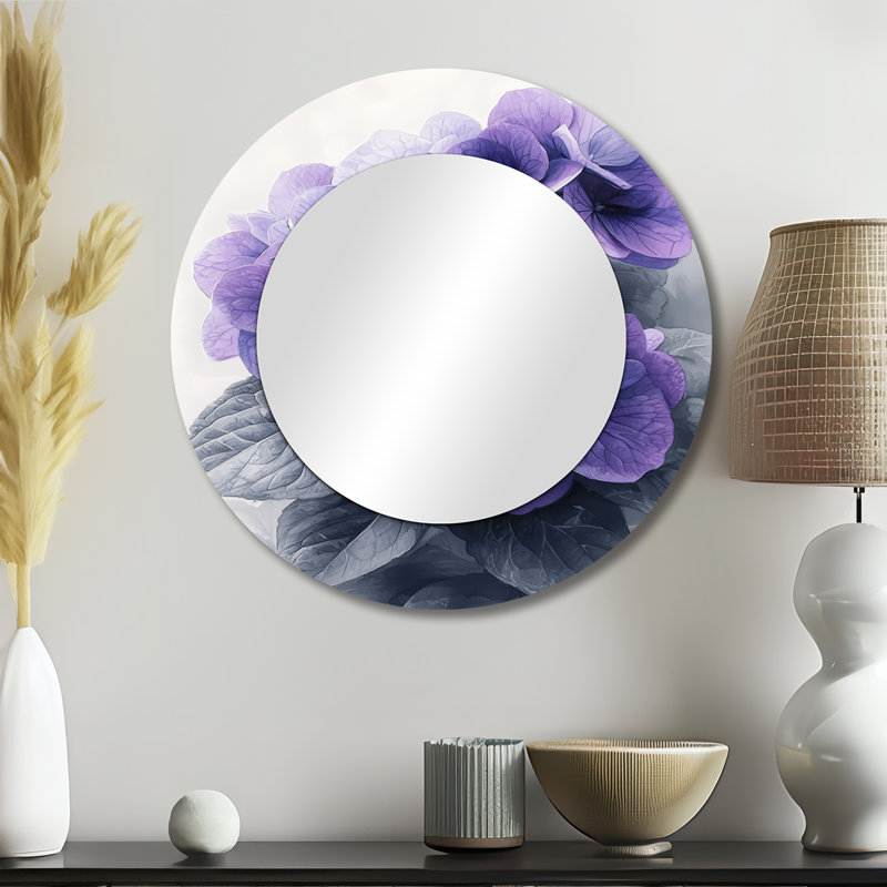 Mauve hydrangée mauve I - miroir mural à motif floral - imprimé sur métal, 23 po x 23 po