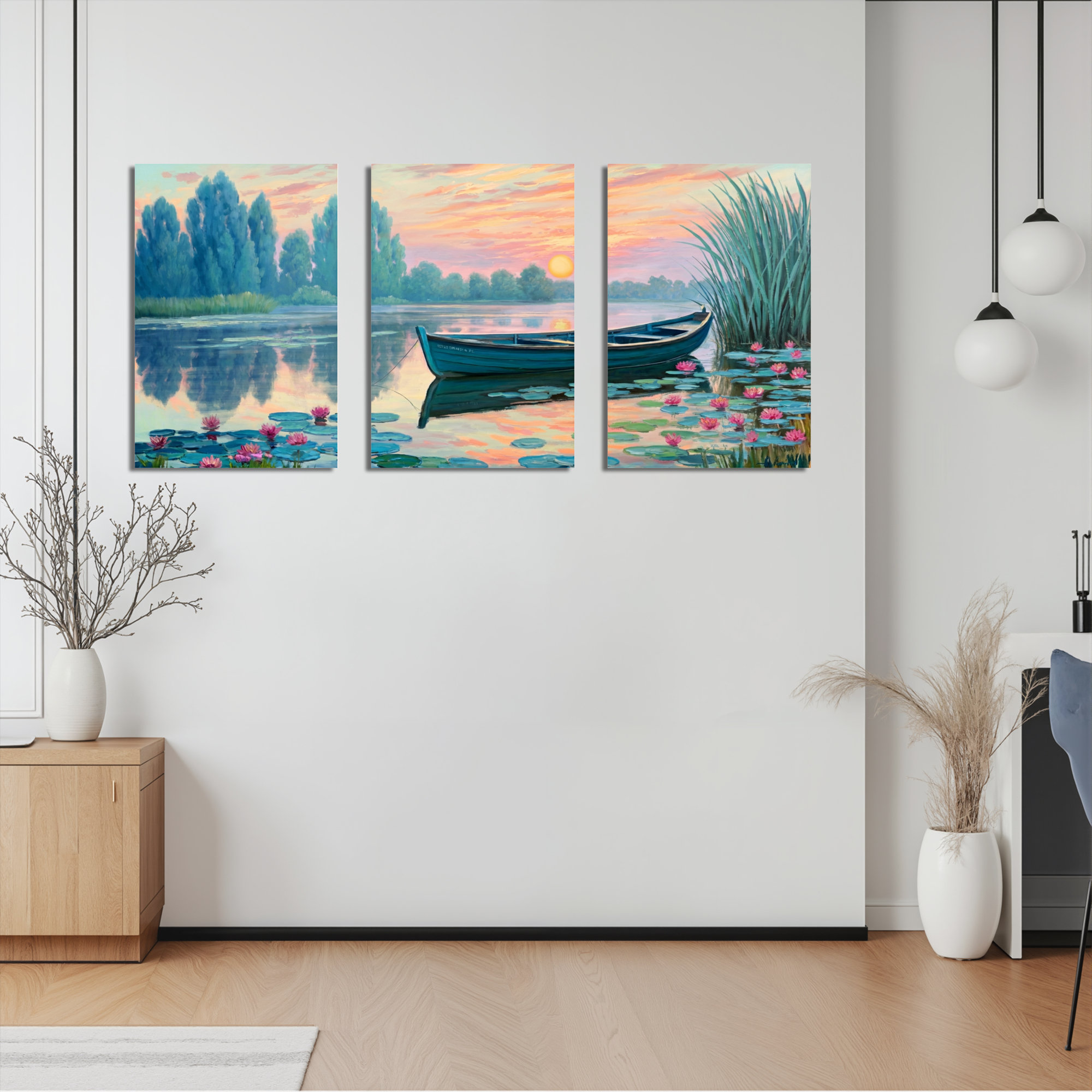 Winston Porter Sunset Lake Boat And Water Lilies Canvas Wrapped Wall ...
