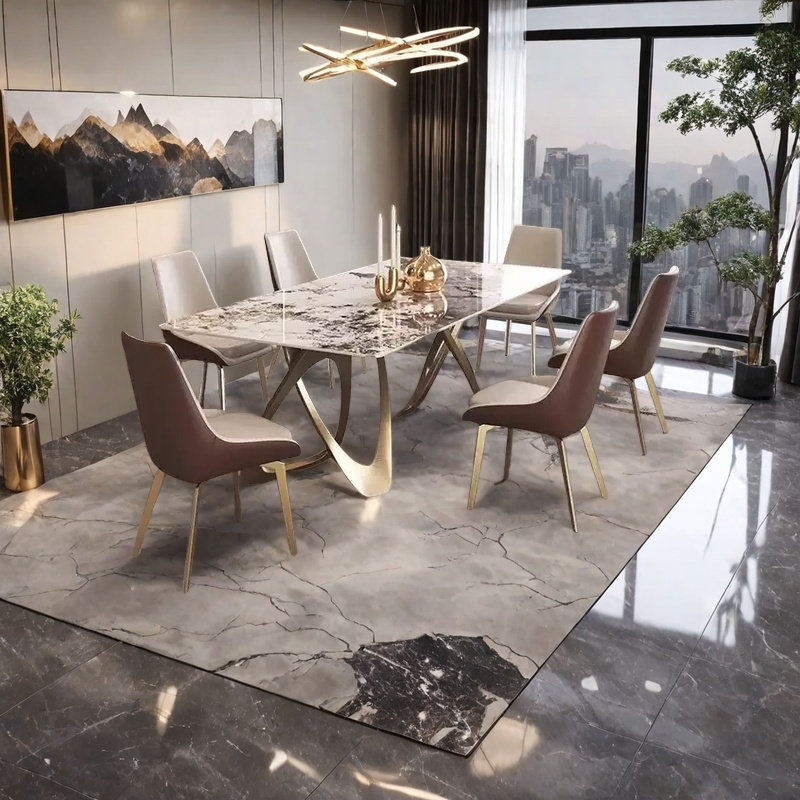 Modern Sintered Stone Dining Table with Metal Fram, 29.5"H x 55.1"L x 31.4"W
