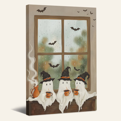 Art mural sur toile, "Fantômes en chapeaux de sorcière avec citrouilles" par Rainy Halloween