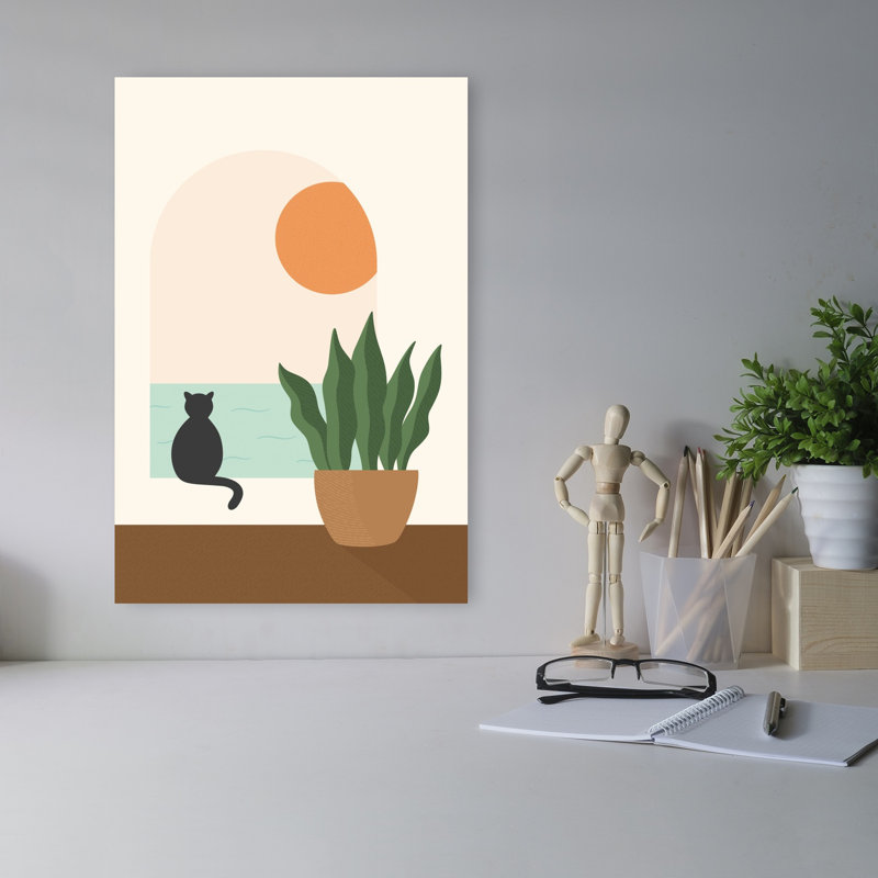 Minimaliste, vue sur l'océan, abstrait, minimaliste, plante moderne, chat, nature, océan, art mural, 18" H x 12" W