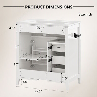 Meuble-lavabo de salle de bain, 76 cm (30 po), avec lavabo, style campagnard blanc, lavabo simple sur pied avec 3 tiroirs, rangement inclinable, tablette réglable, étagères de porte, porte-serviettes réversible