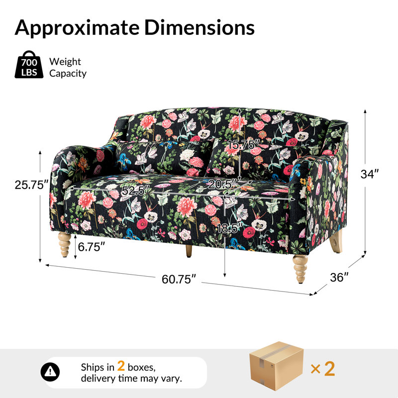 Causeuse Darley de 60,75 po avec accoudoirs courbés et pieds en bois massif Darley, Noir