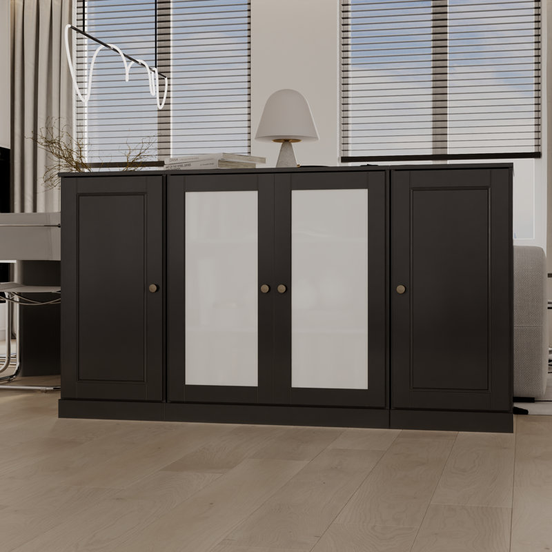 Buffet 100% bois massif 65 po avec portes en verre givré et tablettes réglables, Noir, noir, noir, noir