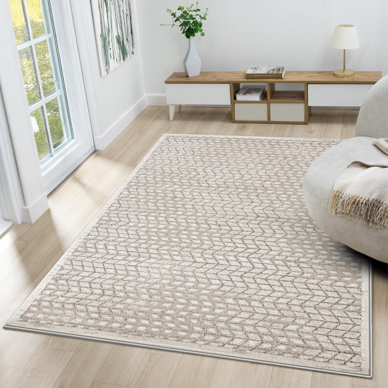 Tapis géométrique à chevrons, Champignon, 9 x 12