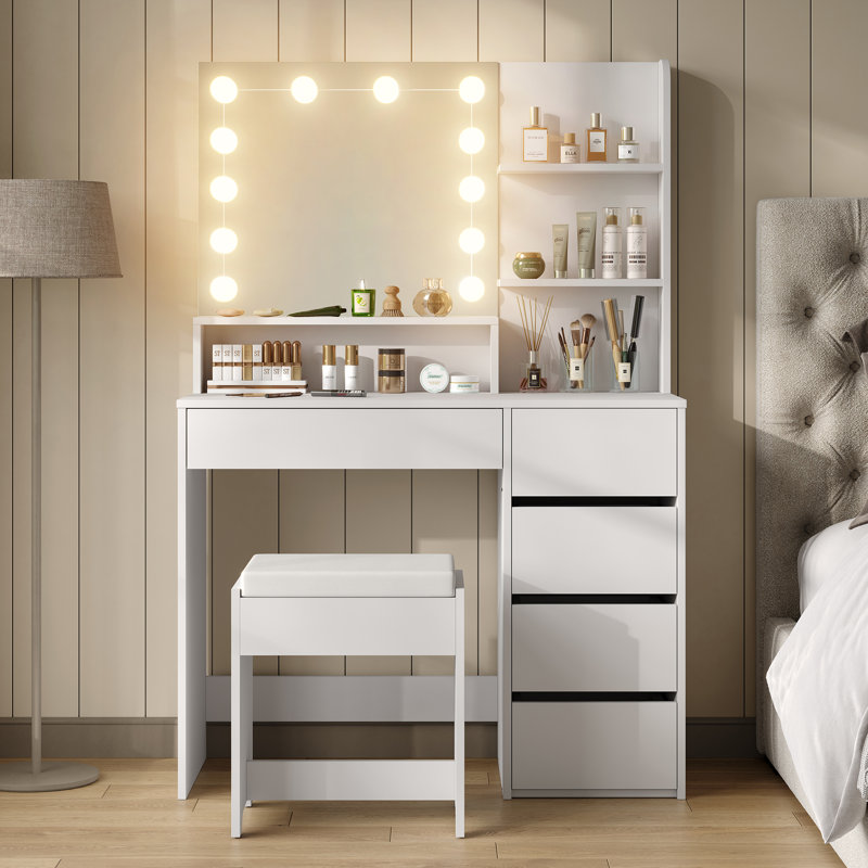Shylo Makeup Vanity Desk with LED Lighted Mirror & 5 Drawers, Vanity Set with Stool for Bedroom, White
