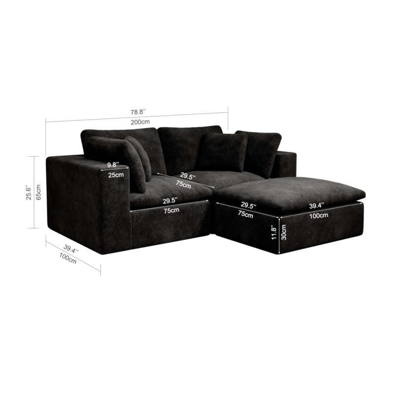 Canapé modulaire 78,8 * 68,9 po, canapé rembourré et compressé pour le salon, la chambre à coucher, un appartement, aucun assemblage requis, combinaison libre de 3 pièces, tissu en velours côtelé moelleux, noir