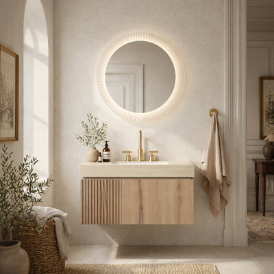 MURI 30" Bathroom Vanity & Sink, Floating Plywood Storage Cabinet With Drawer & Door, Roma Travertine Sintered Stone Top & Ceramic Basin With 3 Pre-Drilled Faucet Holes, Pre-Assembled