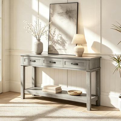Console Table with 3 Drawers & Open Storage Shelf, 2-Tier Farmhouse Wooden Couch Table Behind Sofa, for Entryway, Living Room, Hallway & Foyer