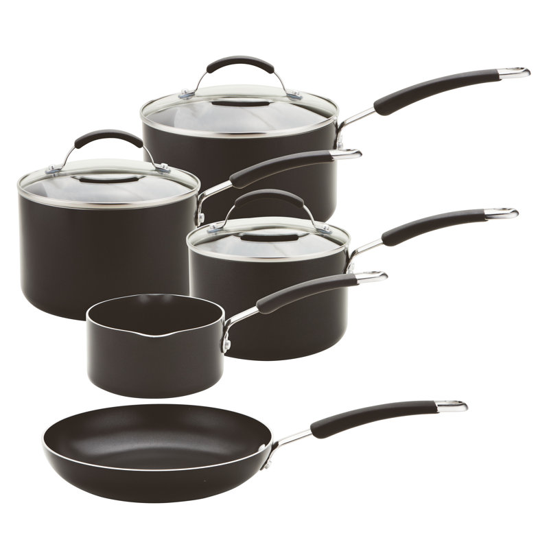 Meyer induction Compatible Non-Stick Dishwasher Safe Aluminium - 5 Piece Saucepan and Frying Pan Set - 14cm Milkpan, 16/18/20cm Saucepans and 24cm Frying Pan