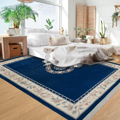 Tapis oriental oriental en saphir bleu marine beige à motif de médaillons traditionnels