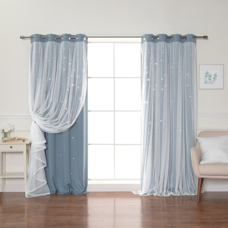 Jenifer Tulle Overlay Star Cutout Solid Room-Darkening Grommet Curtain Panels, 52" W x 96" L, Mineral Green