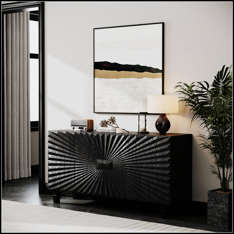 Buffet 59 po moderne avec 4 portes Sunburst, armoire de rangement avec pieds en bois massif, grand rangement pour la cuisine et la salle à manger
