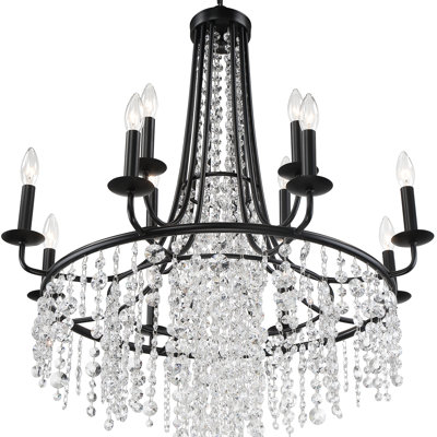 Lustre en forme de roue de chariot à 12 lumières avec accents en cristal