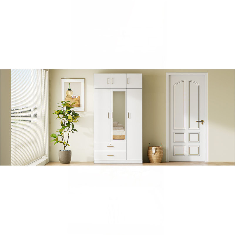 Armoire à miroir 3 portes avec 2 tiroirs et armoire supérieure, Blanc