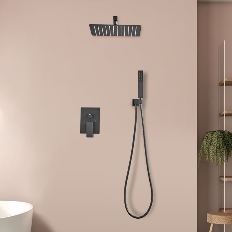 Système de douche complet avec valve brute et pomme de douche à pluie de 12 pouces, Noir
