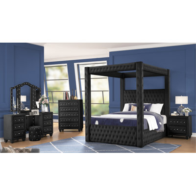 Janeece Upholstered Canopy 5 Piece Vanity Bedroom Set