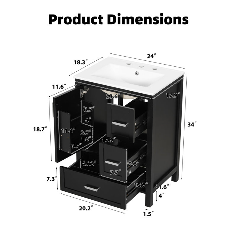 Meuble-lavabo moderne de 24 pouces avec lavabo en céramique, portes à fermeture douce, tablettes à deux niveaux et 3 tiroirs, noir