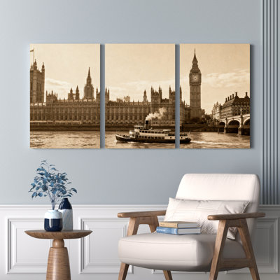 London Skyline with Big Ben and River Thames Sepia Tone Canvas Wrapped Wall Art Oil Painting Print Set of 3