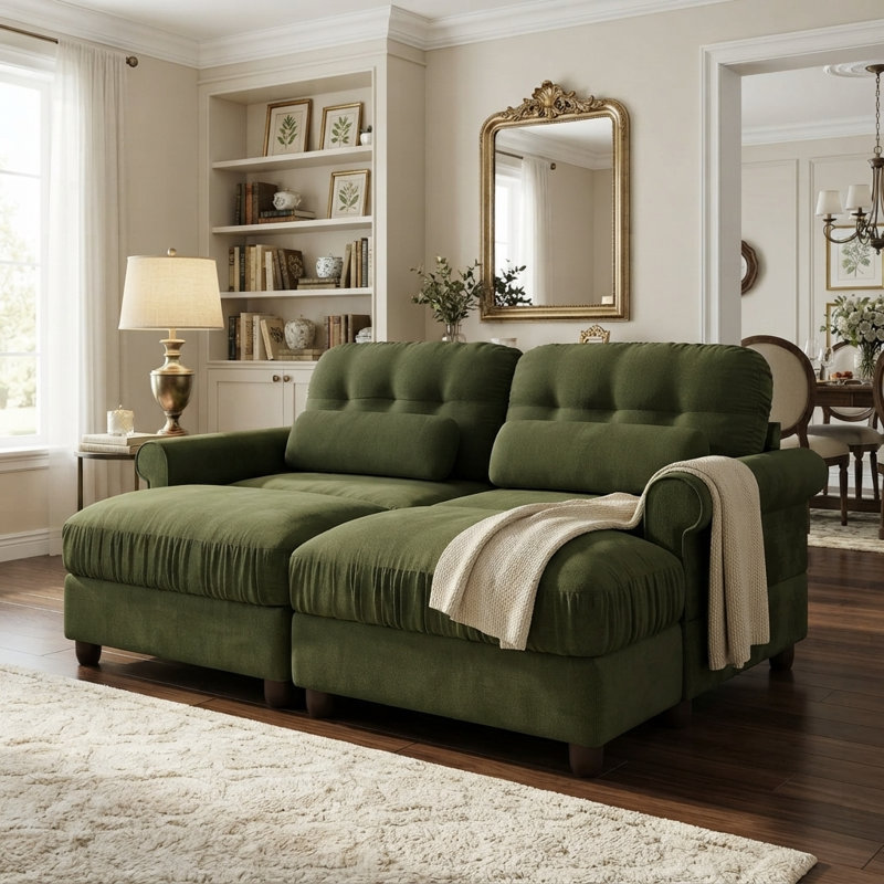 Ensemble de salon 3 pièces en chenille avec canapé 2 places, 2 poufs, accoudoirs arrondis et pieds en bois massif, vert olive