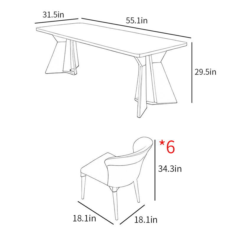 Italian modern light luxury dining table sets, 29.5"H x 55.1"L x 31.5"W