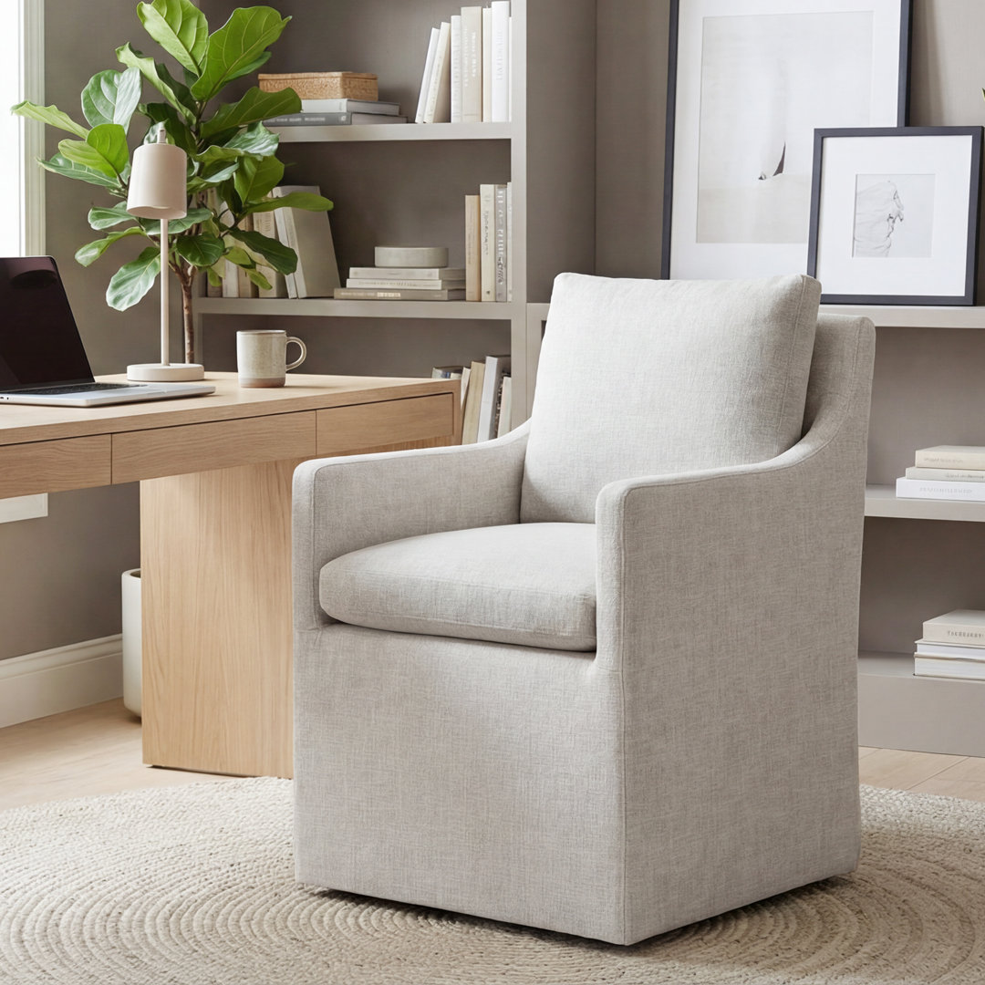 24" Wide Linen Upholstered Down Fill Mid-Century Modern Office Casters Extra Seat Padding Desk Red Barrel Studio®