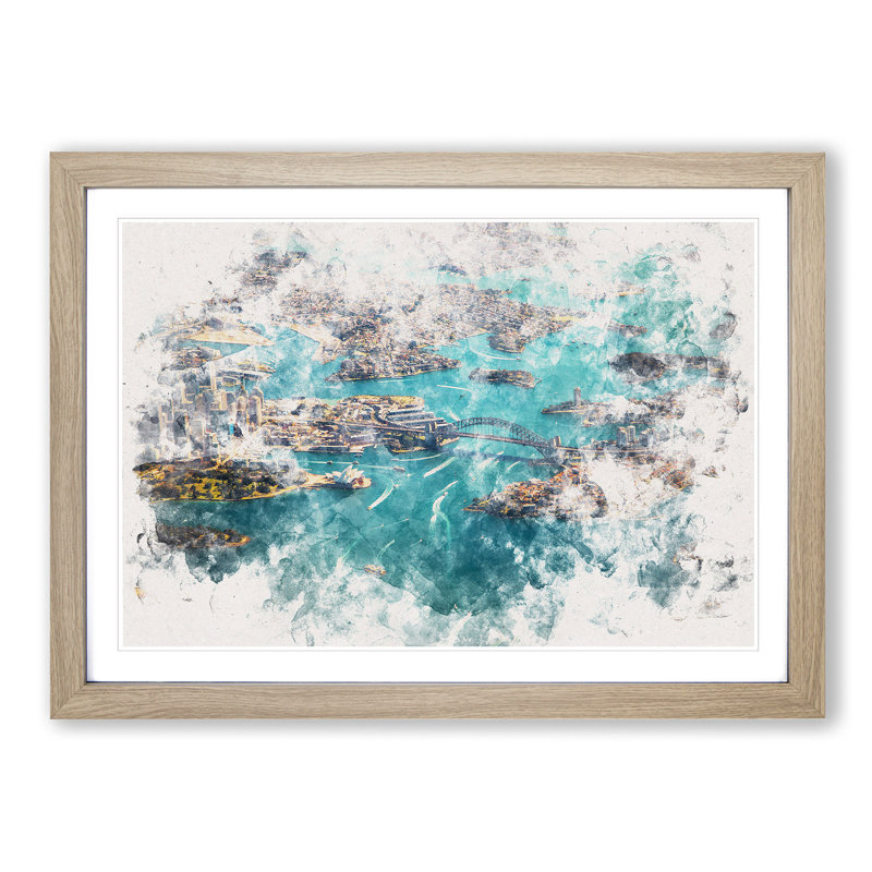 Birds Eye View Of Sydney Australia Watercolour - Single Picture Frame Print on MDF, 45cm H x 63cm W x 2cm D, Oak Framed