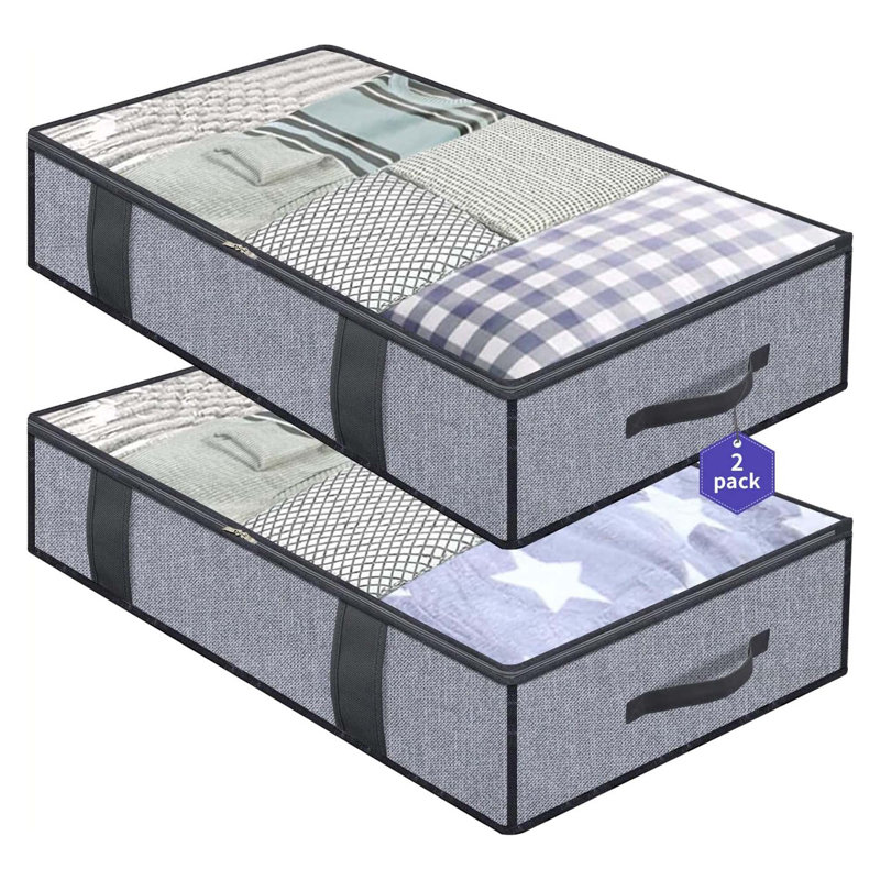 Ensemble de 2 sacs de rangement pliables sous le lit avec fenêtre transparente, organisateur à fermeture à glissière pour vêtements, couvertures, édredons, gris