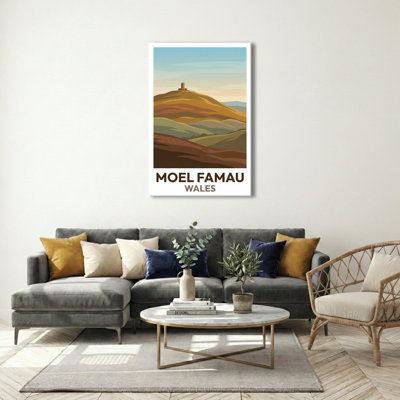 Moel Famau, Wales - Romantic Travel Poster Of Jubilee Tower And Rolling Welsh Hills. Giclee Print On Wrapped Canvas. Wall Art, Home Decor - Natural Landmarks, Wales - Wrapped Canvas Print