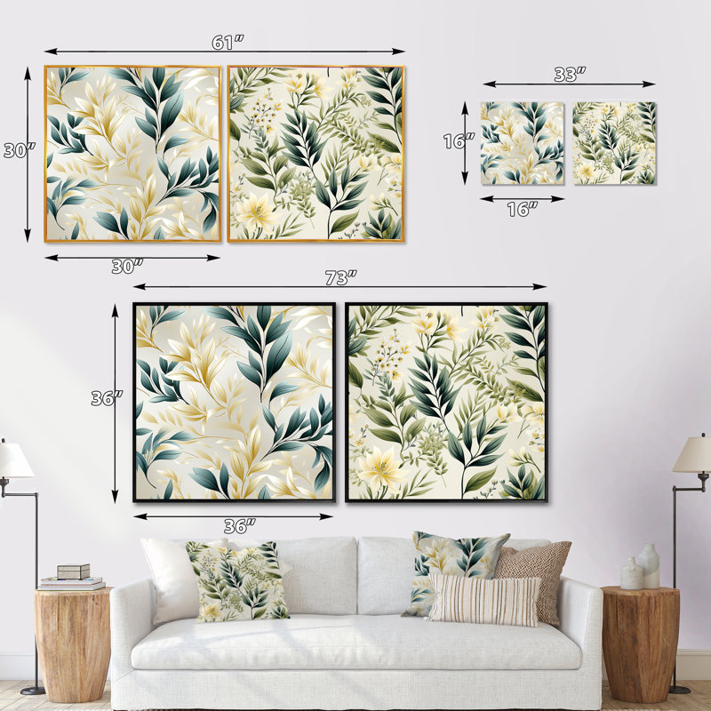 Telscombe - Ensemble de 2 collages carrés floral et botanique, Cadre flottant doré, H 36 po x l 73 po