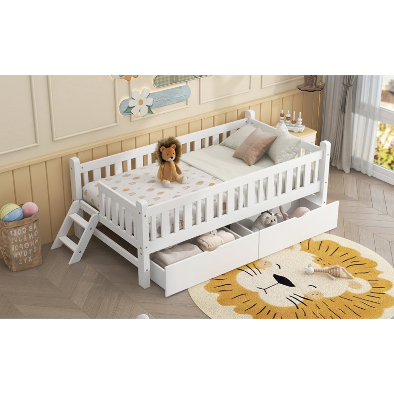 Lit plateforme simple en bois avec garde-corps et 2 tiroirs, blanc