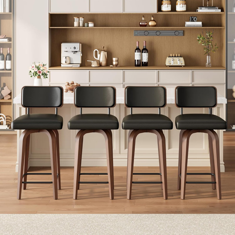 Ensemble de 4 tabourets de bar pivotants de 26 po avec dossier et pieds en bois de noyer, tabouret de bar Mid-Century pour comptoir de cuisine, tabourets de bar en similicuir