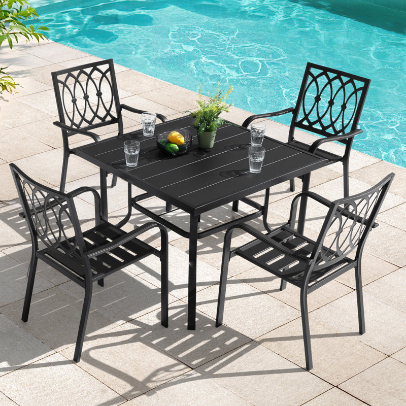 5-piece Metal Outdoor Dining Set With Umbrella Hole, 4 Stackable Chairs, 4, Square