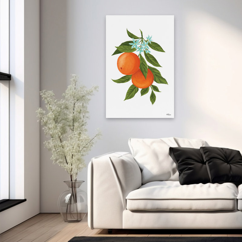 Oranges - Oranges contemporaines sur une branche d'arbre, agrume, peinture, art, H 36 po x l 24 po