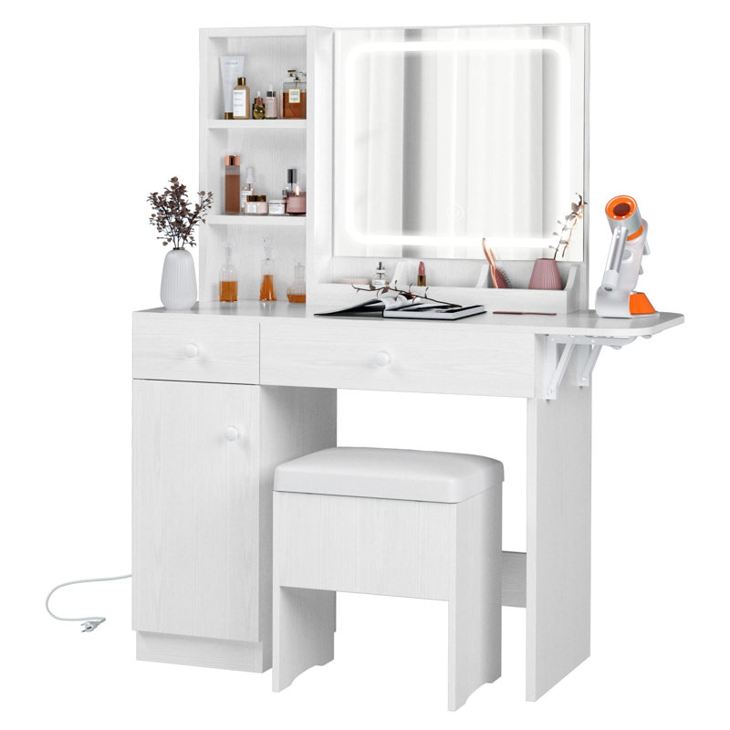 Vanity Desk Set with LED Mirror & Power Outlet