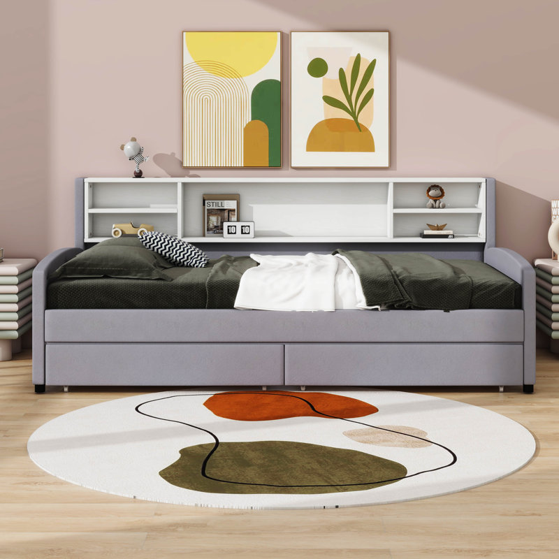  Lit plateforme tapissier simple avec rangement et tiroirs Lienke, Gris
