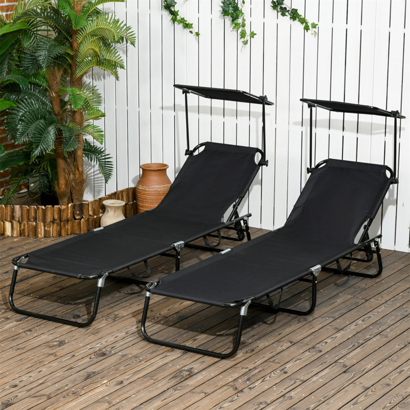 Outsunny Folding Chaise Lounge Pool Chairs, Outdoor Sun Tanning Chairs With Canopy Shade, Reclining Back, Steel Frame And Side Pocket For Beach, Yard, Patio, Black
