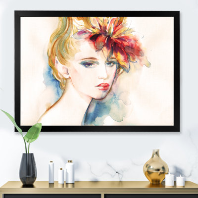 Portrait de femme beige floral I - œuvre d'art sur toile Glam